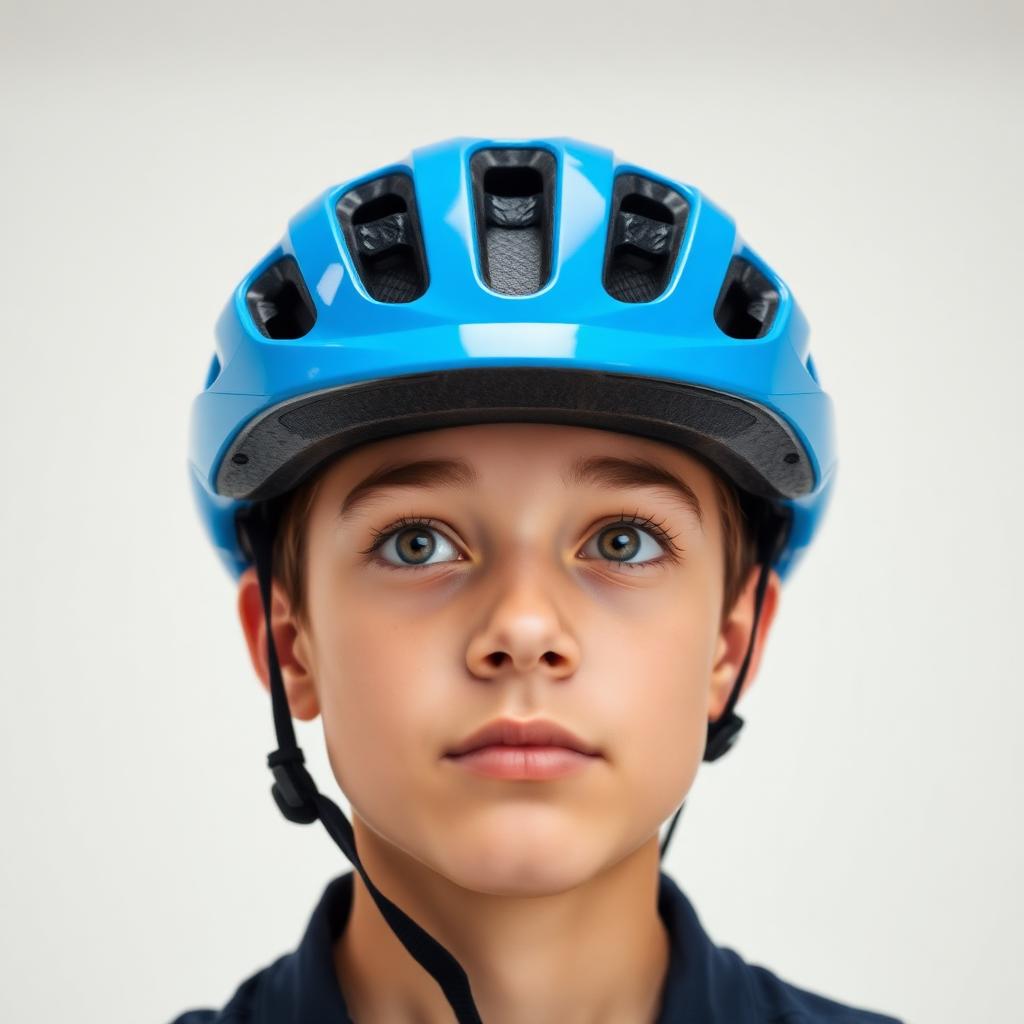 Front view of a teen looking up to check that the helmet sits two finger-widths above the eyebrows