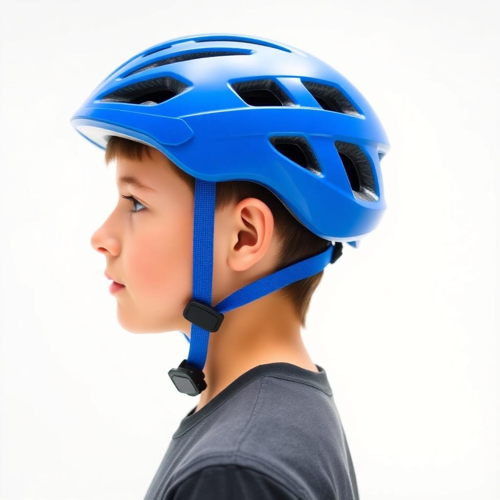 Side profile of a teen with helmet straps forming a V under the ear