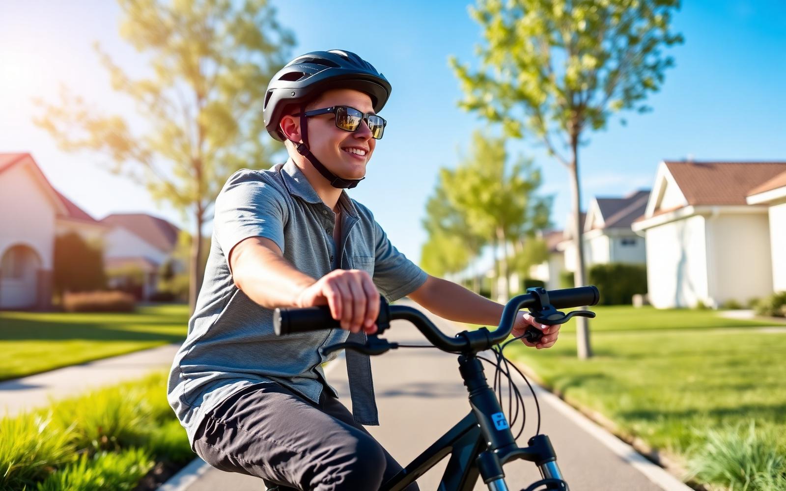 A teenager wearing a properly fitted helmet, smiling while riding an e-bike on a sunny suburban path